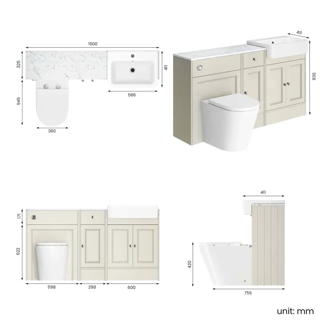 Monaco Chalk White Combination Vanity Basin with Marble Top and Boston Toilet 1500mm