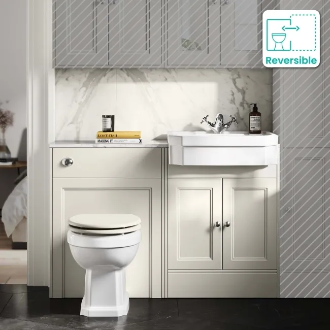 Monaco Chalk White Combination Vanity Traditional Basin with Marble Top & Hudson Toilet with Wooden Seat 1200mm