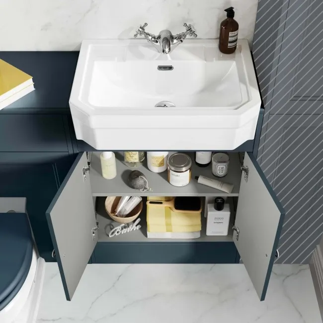 Monaco Inky Blue Combination Vanity Traditional Basin and Hudson Toilet with Wooden Seat 1200mm