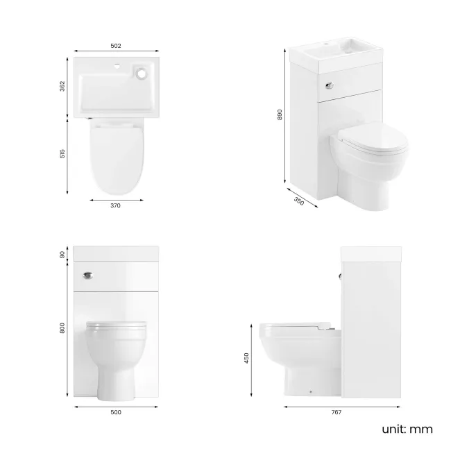 Ohio Gloss White 2-In-1 Combined Wash Basin & Seattle Toilet 500mm