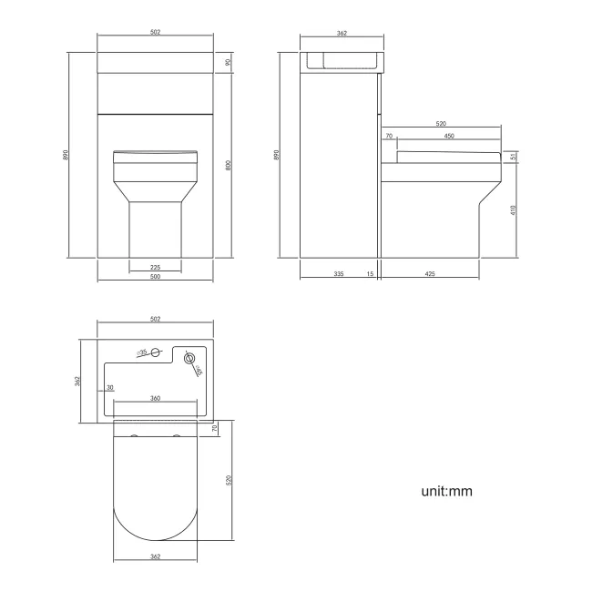 Ohio Gloss White 2-In-1 Combined Wash Basin & Denver Toilet 500mm