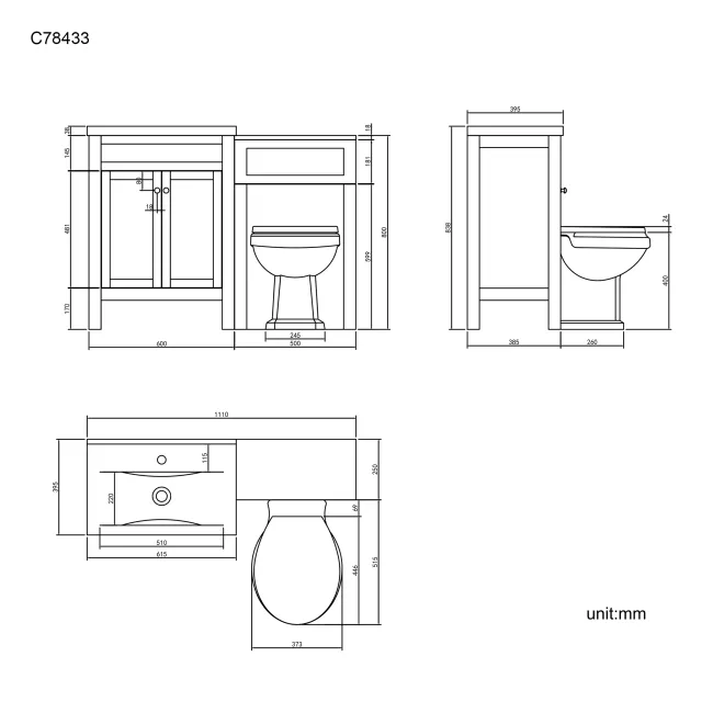Bermuda Chalk White Combination Vanity Basin and Hudson Toilet with Wooden Seat 1100mm
