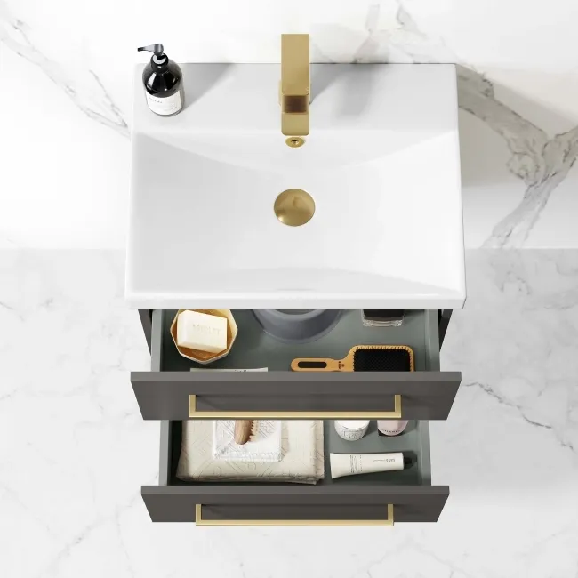 Elba Graphite Grey Wall Hung Basin Drawer Vanity 500mm - Brushed Brass Accents
