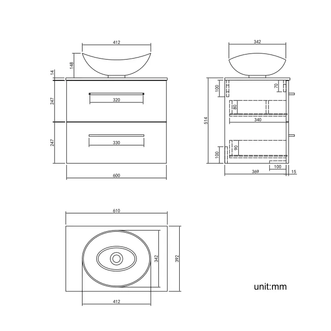 Elba Graphite Grey Wall Hung Drawer Vanity with Marble Top & Oval Counter Top Basin 600mm - Brushed Brass Accents