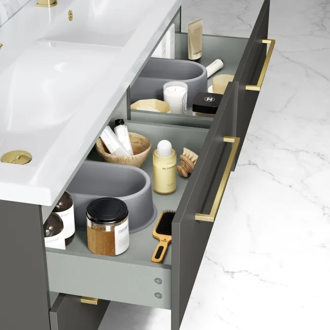 Elba Graphite Grey Wall Hung Double Basin Drawer Vanity 1200mm - Brushed Brass Accents