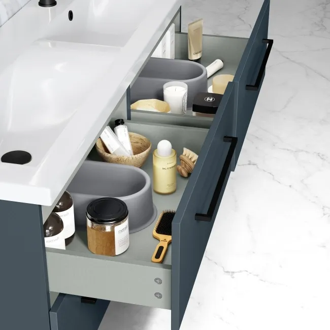 Elba Inky Blue Wall Hung Double Basin Drawer Vanity 1200mm - Black Accents