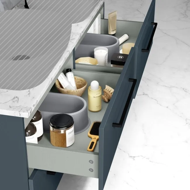 Elba Inky Blue Wall Hung Drawer with Marble Top 1200mm Excludes Basins - Black Accents