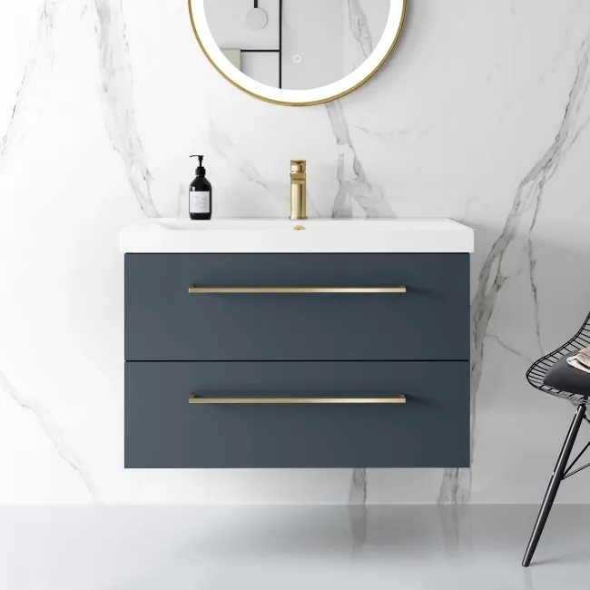 Elba Inky Blue Wall Hung Basin Drawer Vanity 800mm - Brushed Brass Accents