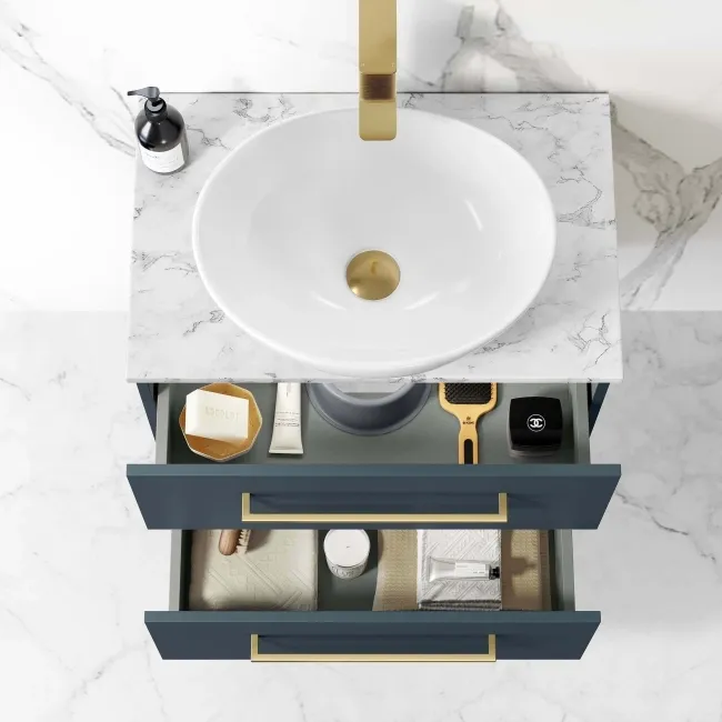 Elba Inky Blue Wall Hung Drawer Vanity with Marble Top & Oval Counter Top Basin 600mm - Brushed Brass Accents