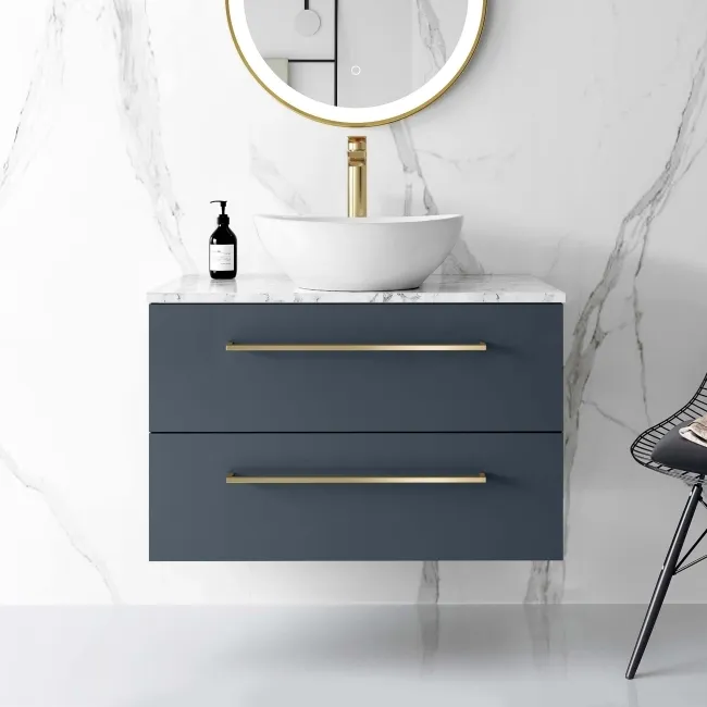 Elba Inky Blue Wall Hung Drawer Vanity with Marble Top & Oval Counter Top Basin 800mm - Brushed Brass Accents