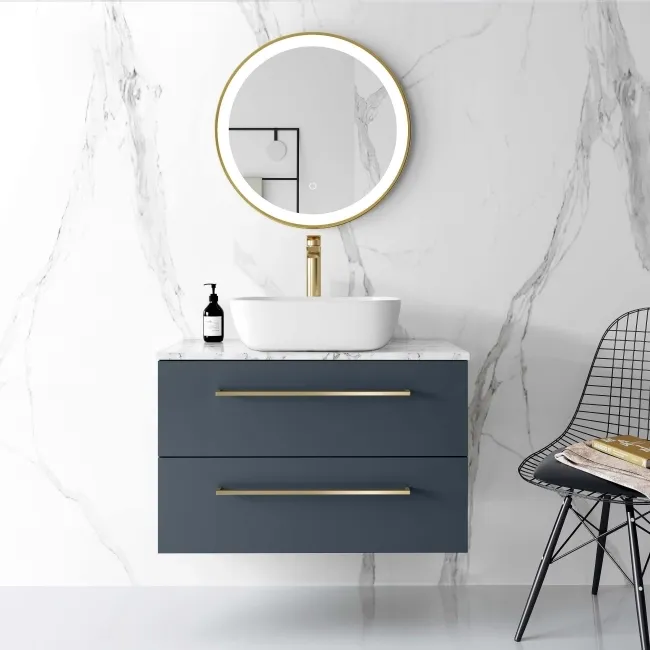Elba Inky Blue Wall Hung Drawer Vanity with Marble Top & Curved Counter Top Basin 800mm - Brushed Brass Accents