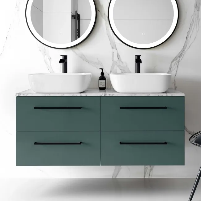 Elba Midnight Green Double Wall Hung Drawer Vanity with Marble Top & Curved Basin 1200mm - Black Accents