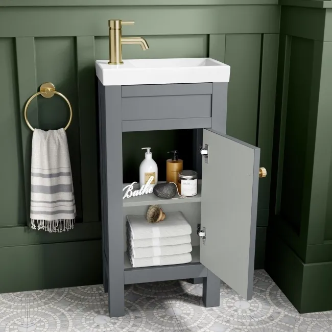 Bermuda Dove Grey Cloakroom Basin Vanity 400mm - Brushed Brass Accents