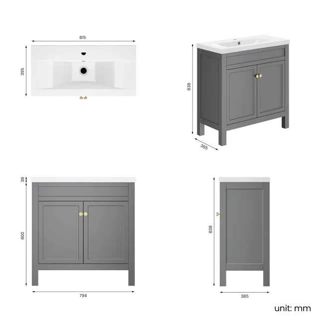 Bermuda Dove Grey Basin Vanity 800mm - Brushed Brass Accents