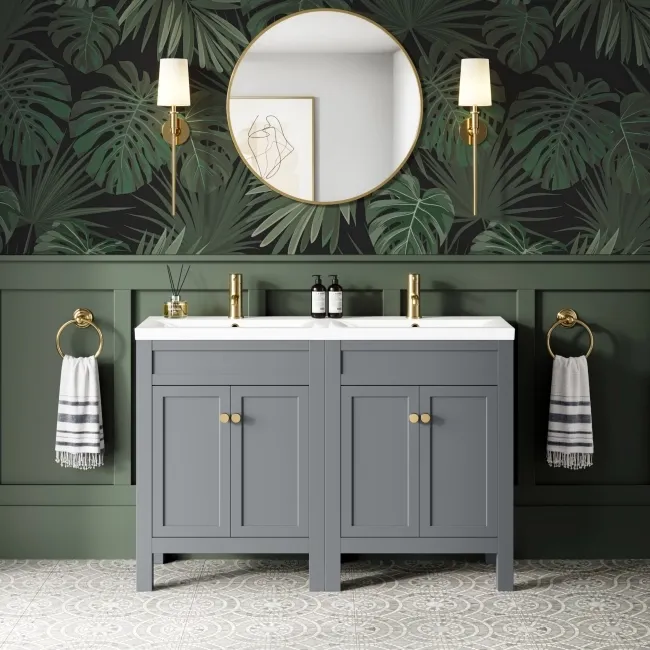 Bermuda Dove Grey Double Basin Vanity 1200mm - Brushed Brass Accents