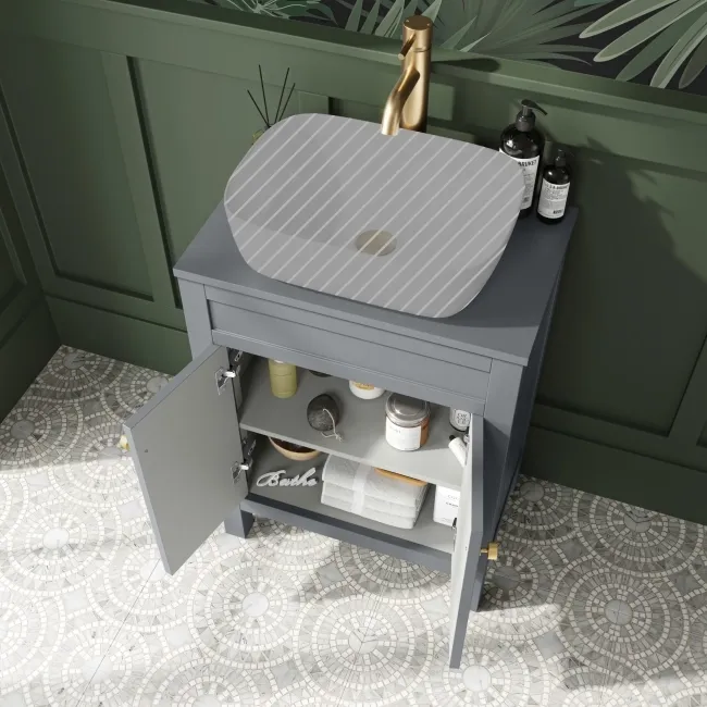 Bermuda Dove Grey Cabinet 600mm Excludes Counter Top Basin - Brushed Brass Accents