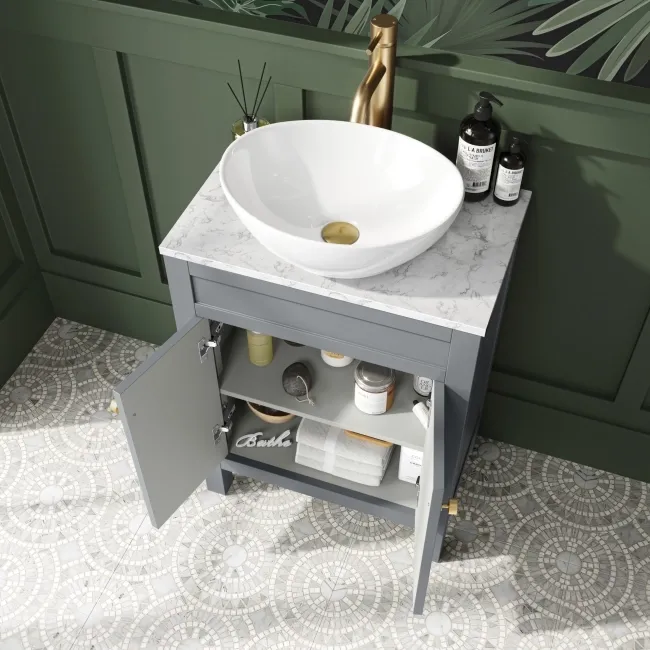 Bermuda Dove Grey Vanity with Marble Top & Oval Counter Top Basin 600mm - Brushed Brass Accents