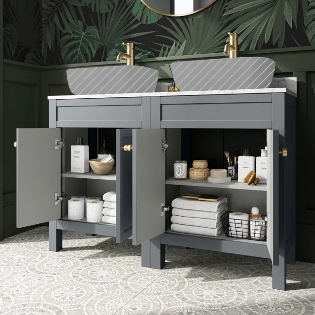 Bermuda Dove Grey Cabinet with Marble Top 1200mm Excludes Counter Top Basins - Brushed Brass Accents