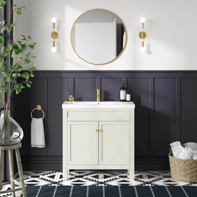 Bermuda Chalk White Basin Vanity 800mm - Brushed Brass Accents