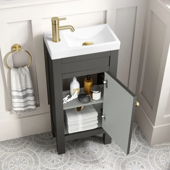 Bermuda Graphite Grey Cloakroom Basin Vanity 400mm - Brushed Brass Accents