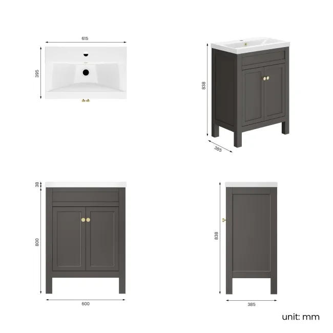 Bermuda Graphite Grey Basin Vanity 600mm - Brushed Brass Accents