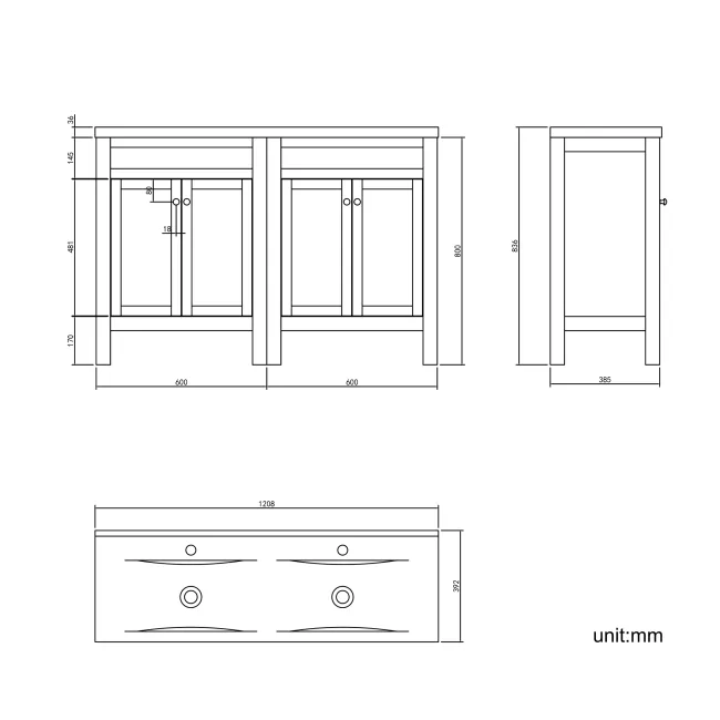 Bermuda Graphite Grey Double Basin Vanity 1200mm - Brushed Brass Accents