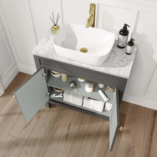 Bermuda Graphite Grey Vanity with Marble Top & Curved Counter Top Basin 800mm - Brushed Brass Accents