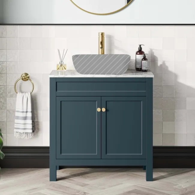Bermuda Inky Blue Cabinet with Marble Top 800mm Excludes Counter Top Basin - Brushed Brass Accents