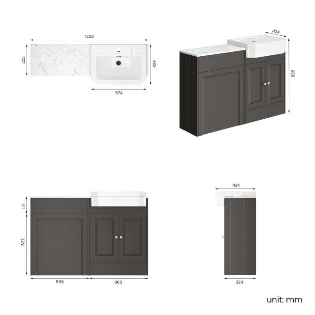 Monaco Graphite Grey Combination Vanity Traditional Basin with Marble Top 1200mm (Excludes Pan & Cistern) - Brushed Brass Accents