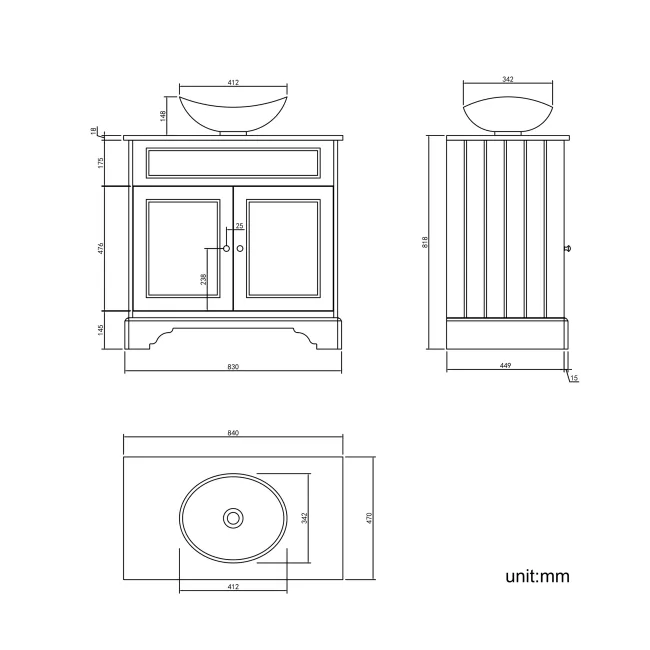 Lucia Chalk White Vanity with Oak Effect Top & Oval Counter Top Basin 840mm - Brushed Brass Accents