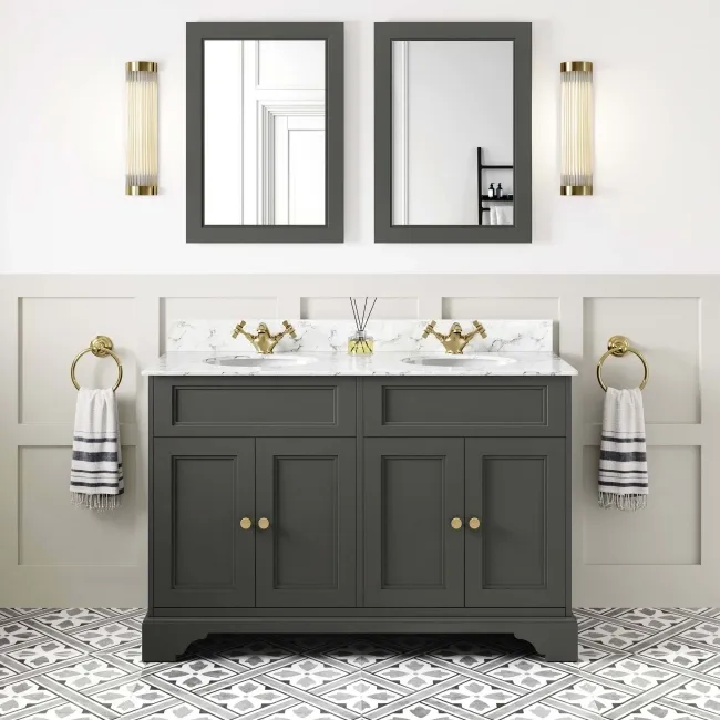 Lucia Graphite Grey Double Vanity with Marble Top & Undermount Basins 1200mm - Brushed Brass Accents