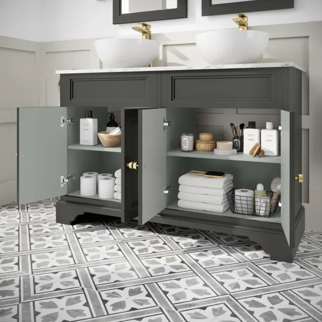 Lucia Graphite Grey Double Vanity with Marble Top & Round Counter Top Basin 1200mm - Brushed Brass Accents