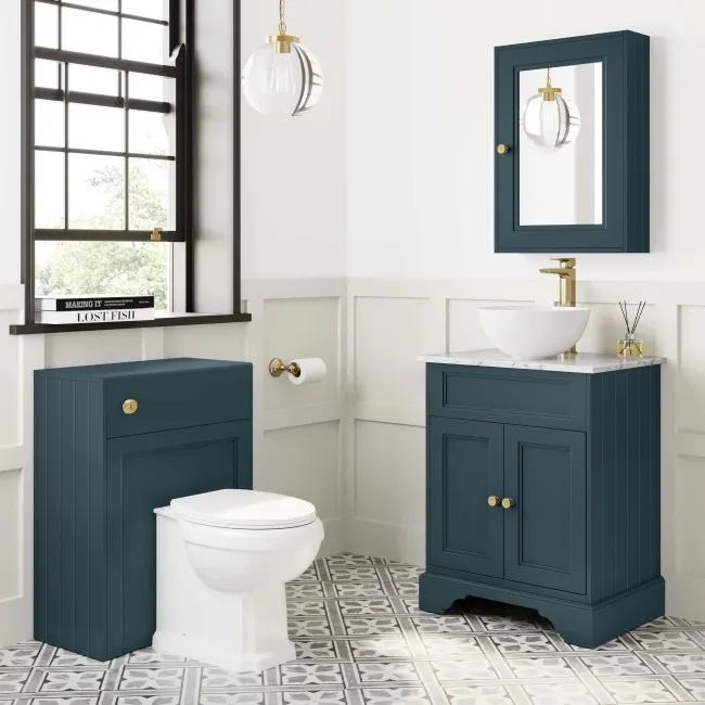 Lucia Inky Blue Vanity with Marble Top & Round Counter Top Basin 640mm - Brushed Brass Accents
