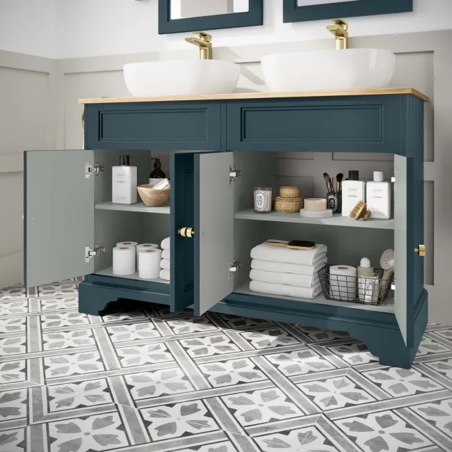Lucia Inky Blue Double Vanity with Oak Effect Top & Curved Counter Top Basin 1200mm - Brushed Brass Accents