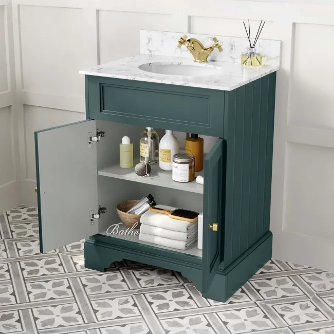 Lucia Midnight Green Vanity with Marble Top & Undermount Basin 630mm - Brushed Brass Accents