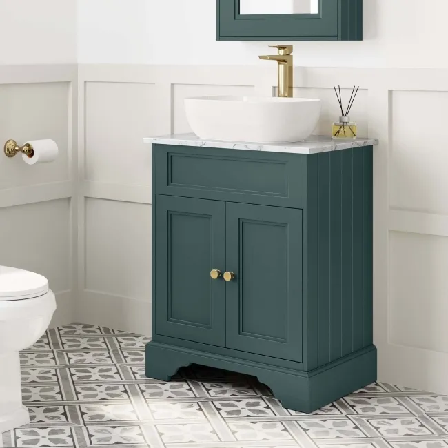 Lucia Midnight Green Vanity with Marble Top & Curved Counter Top Basin 640mm - Brushed Brass Accents