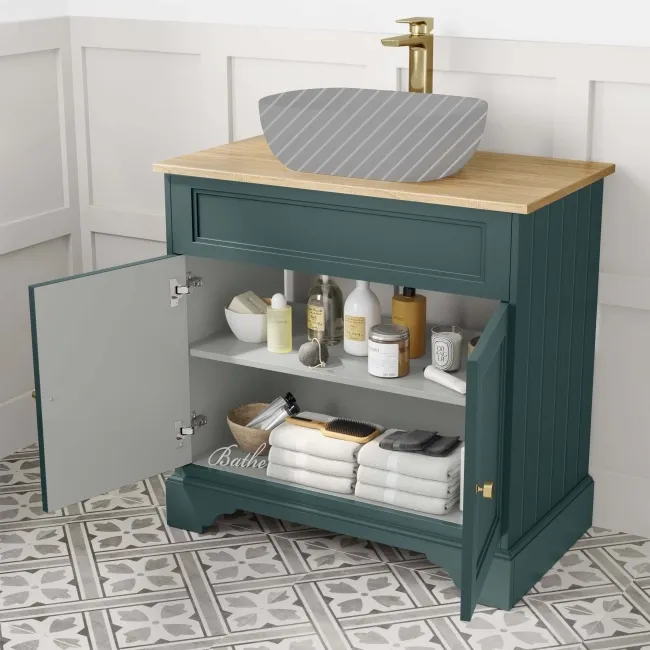 Lucia Midnight Green Cabinet with Oak Effect Top 840mm (Excludes Counter Top Basin) - Brushed Brass Accents