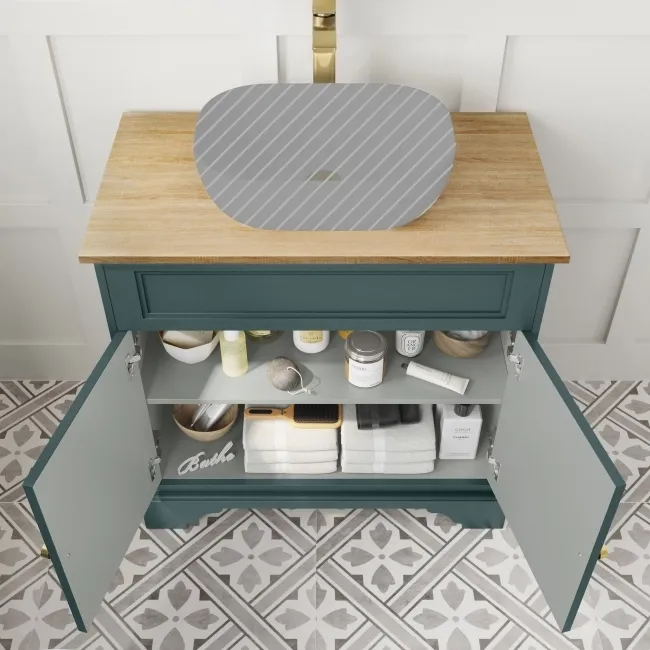 Lucia Midnight Green Cabinet with Oak Effect Top 840mm (Excludes Counter Top Basin) - Brushed Brass Accents