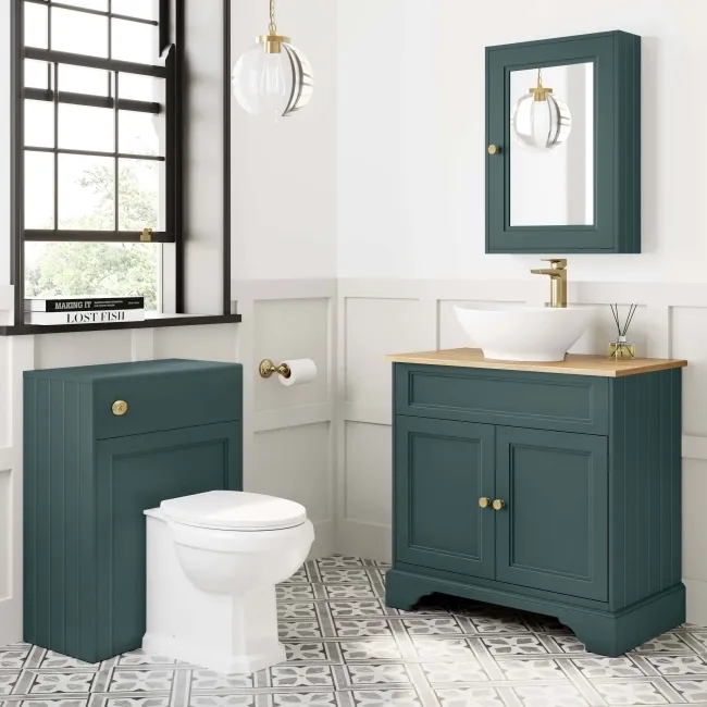 Lucia Midnight Green Vanity with Oak Effect Top & Oval Counter Top Basin 840mm - Brushed Brass Accents