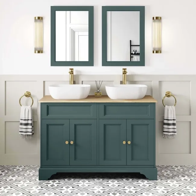Lucia Midnight Green Double Vanity with Oak Effect Top & Curved Counter Top Basin 1200mm - Brushed Brass Accents