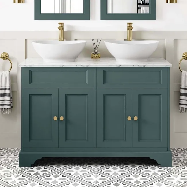 Lucia Midnight Green Double Vanity with Marble Top & Oval Counter Top Basin 1200mm - Brushed Brass Accents
