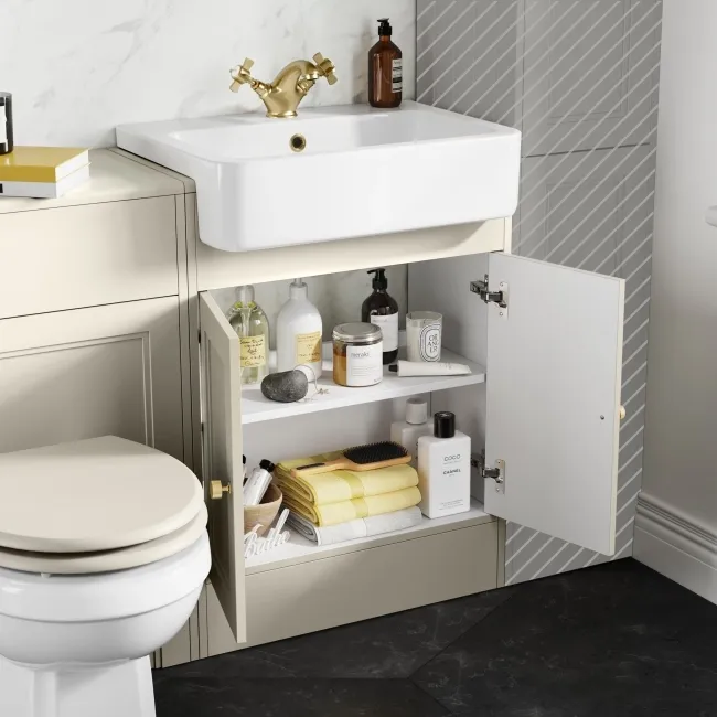 Monaco Chalk White Combination Vanity Basin and Hudson Toilet with Wooden Seat 1200mm - Brushed Brass Accents