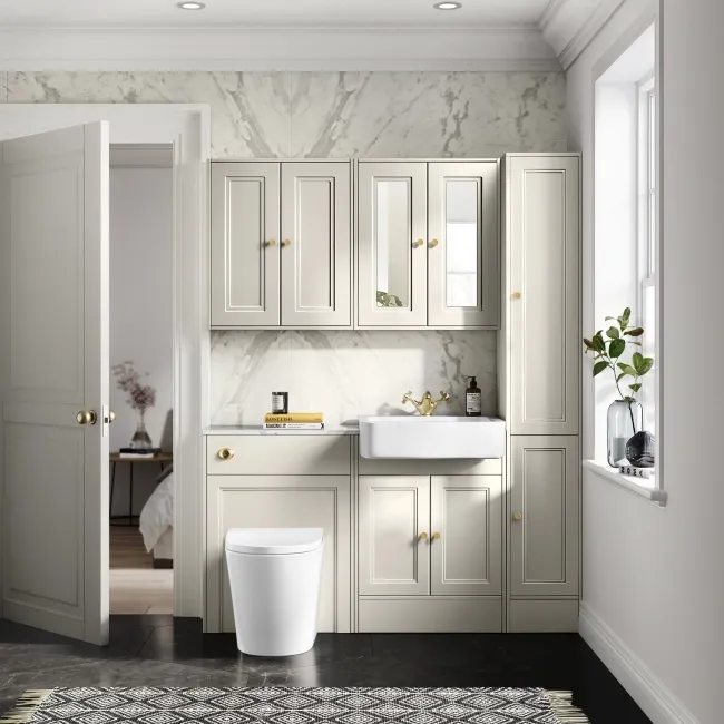 Monaco Chalk White Combination Vanity Basin with Marble Top & Boston Toilet 1200mm - Brushed Brass Accents