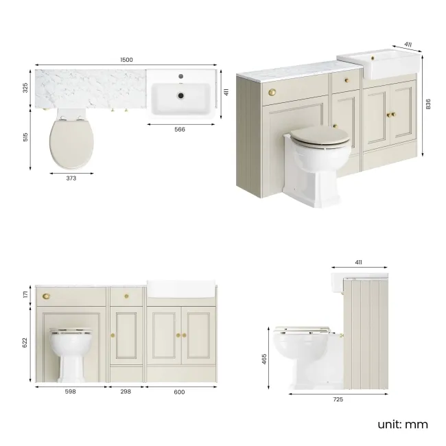 Monaco Chalk White Combination Vanity Basin with Marble Top and Hudson Toilet with Wooden Seat 1500mm - Brushed Brass Accents