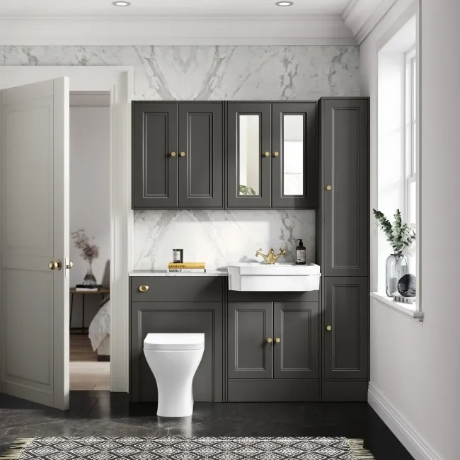 Monaco Graphite Grey Combination Vanity Traditional Basin with Marble Top & Atlanta Toilet 1200mm - Brushed Brass Accents