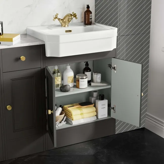 Monaco Graphite Grey Combination Vanity Traditional Basin with Marble Top and Seattle Toilet 1500mm - Brushed Brass Accents