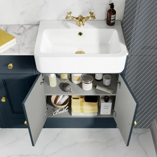 Monaco Inky Blue Combination Vanity Basin with Marble Top and Boston Toilet 1500mm - Brushed Brass Accents