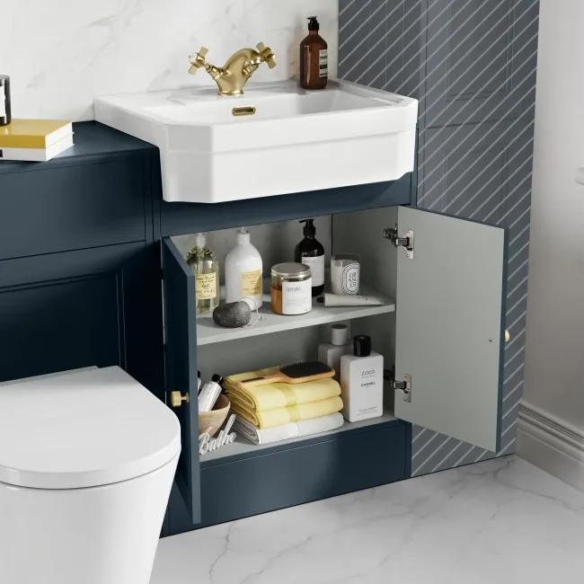 Monaco Inky Blue Combination Vanity Traditional Basin and Boston Toilet 1200mm - Brushed Brass Accents