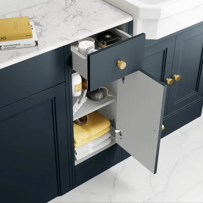 Monaco Inky Blue Combination Vanity Traditional Basin with Marble Top and Boston Toilet 1500mm - Brushed Brass Accents