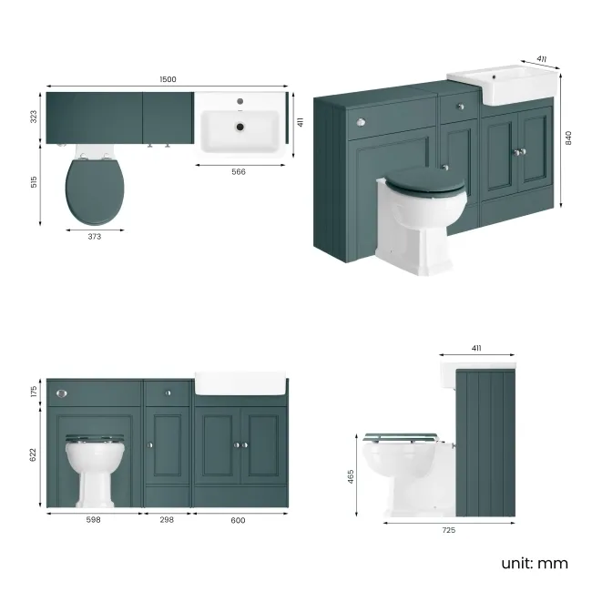 Monaco Midnight Green Combination Vanity Basin and Hudson Toilet with Wooden Seat 1500mm